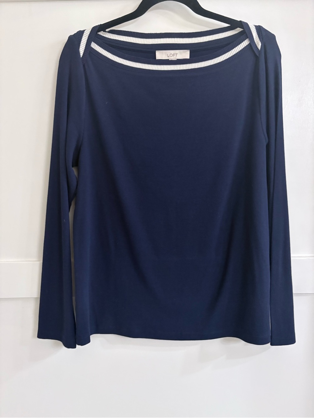 LOFT Navy Off-the-Shoulder Long Sleeve Top with White Trim